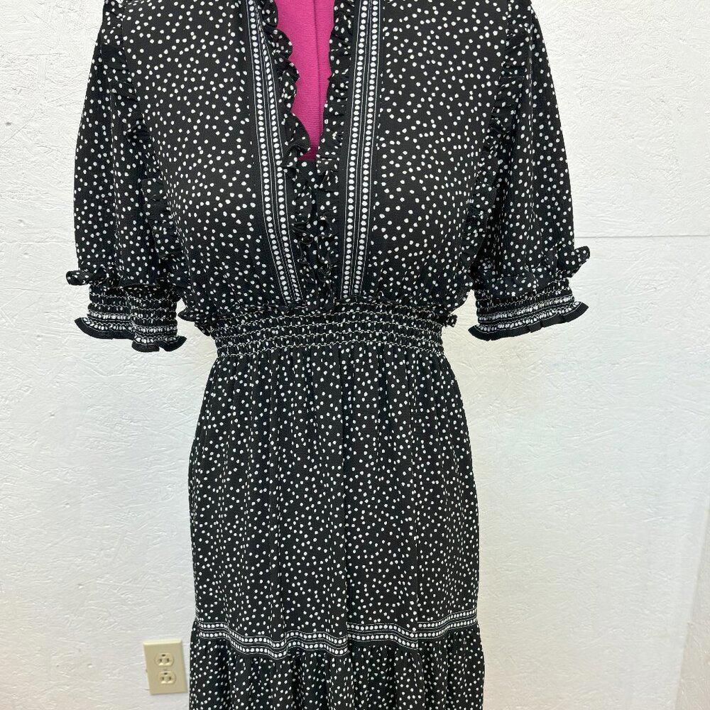 Connected Apparel Black & White Dress Tea Length with Ruffles, NWT